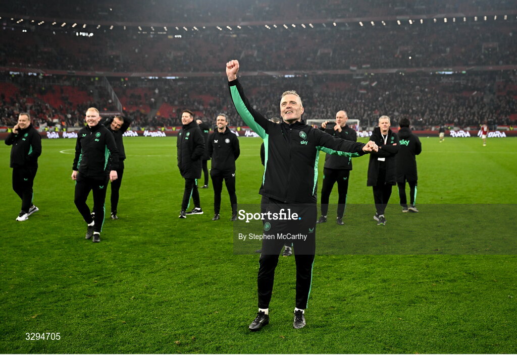 16 November 2025; Republic of Ireland goalkeeping coach Gudmundur Hreidarsson celebrates after the FIFA World Cup 2026 Group F Qualifier match between Hungary and Republic of Ireland at Puskás Aréna in Budapest, Hungary. Photo by Stephen McCarthy/Sportsfile