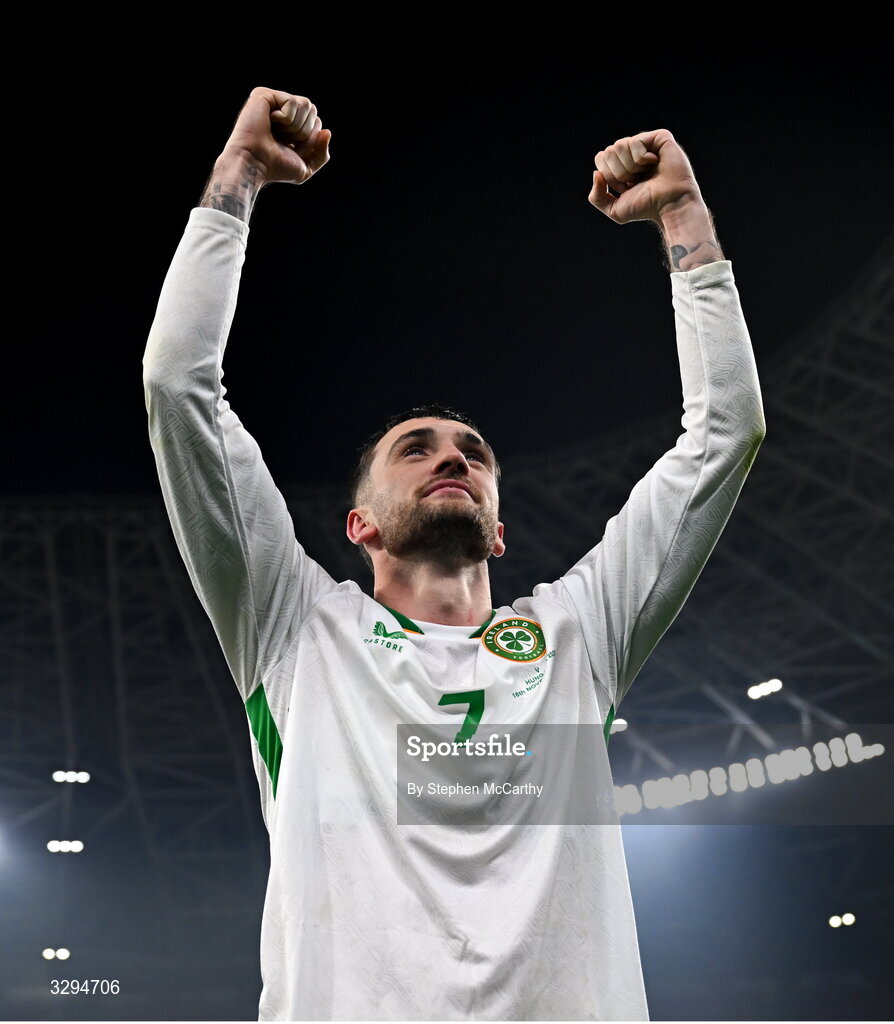 16 November 2025; Troy Parrott of Republic of Ireland celebrates after the FIFA World Cup 2026 Group F Qualifier match between Hungary and Republic of Ireland at Puskás Aréna in Budapest, Hungary. Photo by Stephen McCarthy/Sportsfile