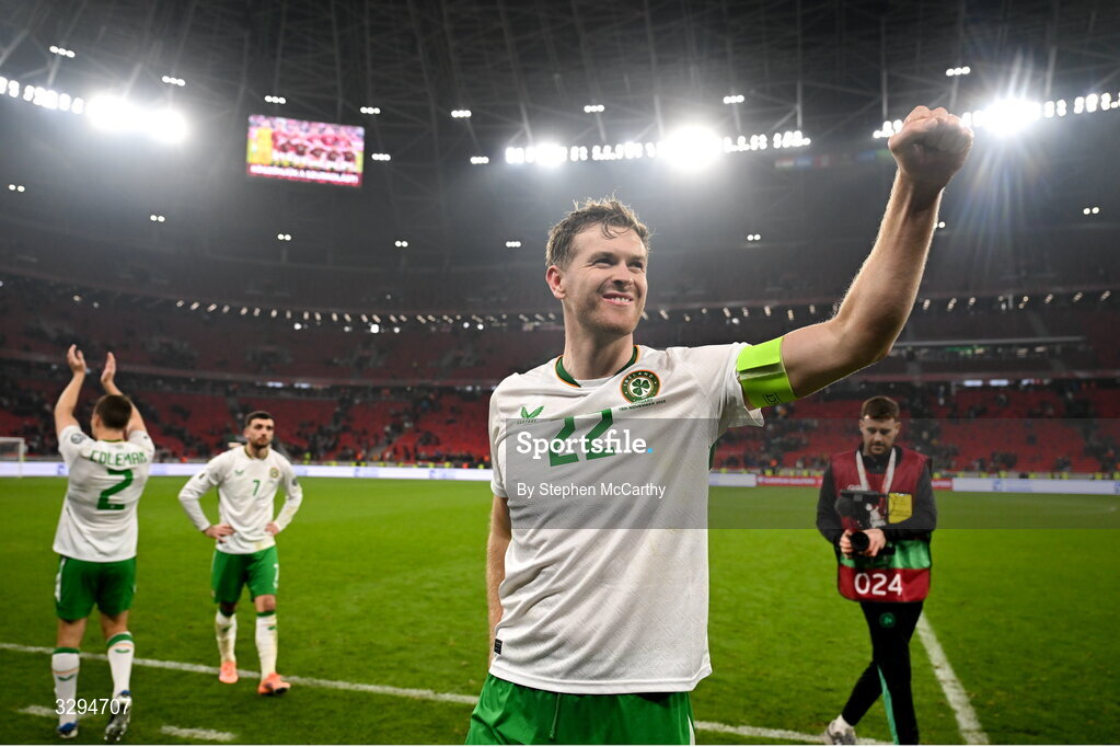 16 November 2025; Nathan Collins of Republic of Ireland celebrates after the FIFA World Cup 2026 Group F Qualifier match between Hungary and Republic of Ireland at Puskás Aréna in Budapest, Hungary. Photo by Stephen McCarthy/Sportsfile