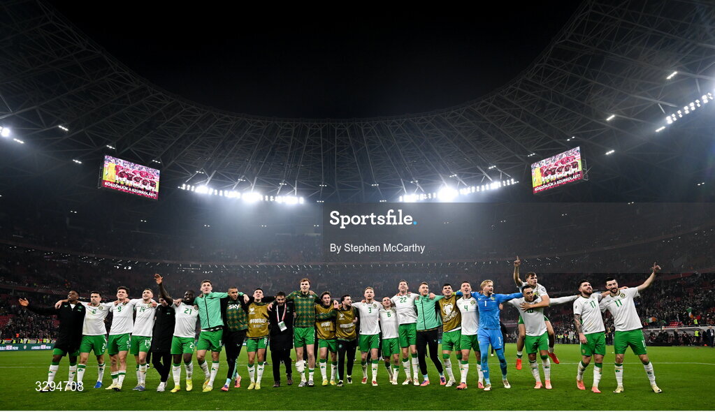 16 November 2025; Republic of Ireland players celebrate after the FIFA World Cup 2026 Group F Qualifier match between Hungary and Republic of Ireland at Puskás Aréna in Budapest, Hungary. Photo by Stephen McCarthy/Sportsfile