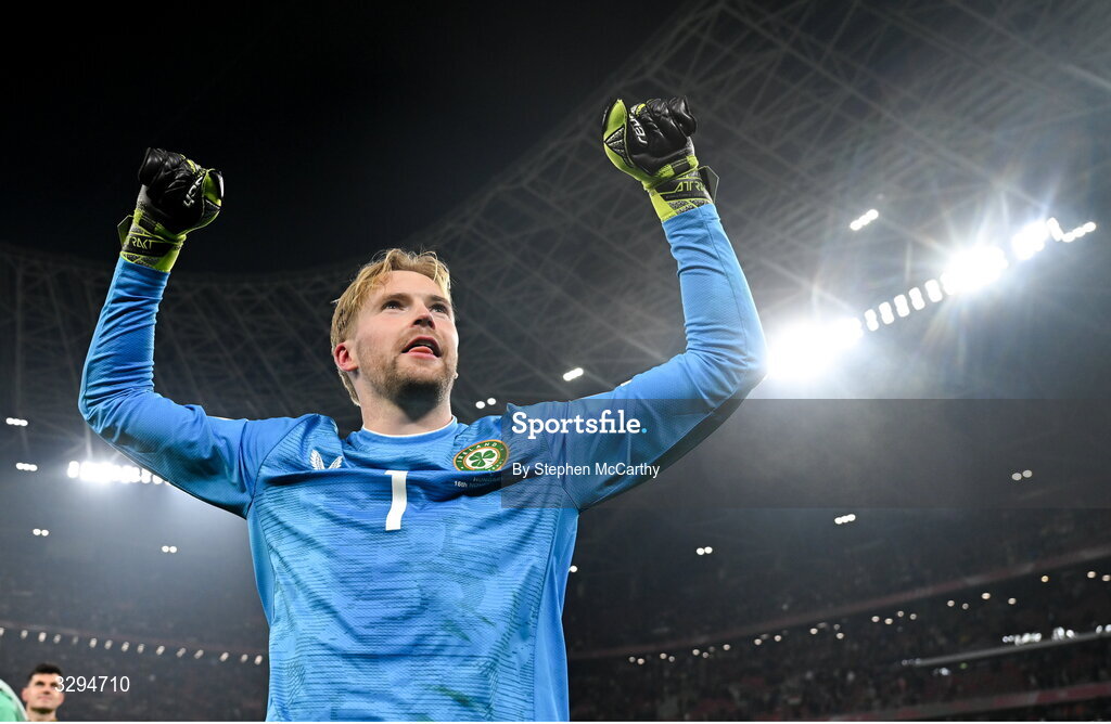 16 November 2025; Republic of Ireland goalkeeper Caoimhin Kelleher celebrates after the FIFA World Cup 2026 Group F Qualifier match between Hungary and Republic of Ireland at Puskás Aréna in Budapest, Hungary. Photo by Stephen McCarthy/Sportsfile