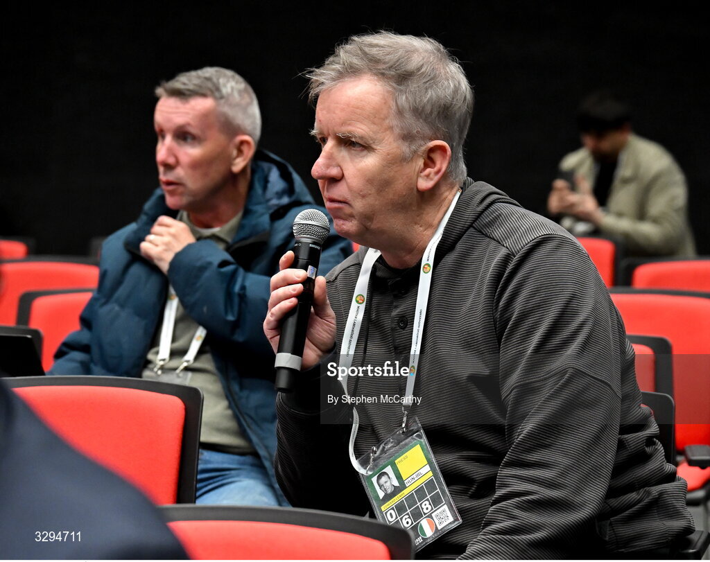 16 November 2025; RTÉ sport journalist Ed Leahy during the post match press conference following the FIFA World Cup 2026 Group F Qualifier match between Hungary and Republic of Ireland at Puskás Aréna in Budapest, Hungary. Photo by Stephen McCarthy/Sportsfile