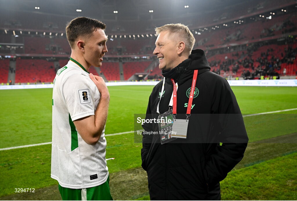 16 November 2025; Republic of Ireland head coach Heimir Hallgrimsson and Dara O'Shea after the FIFA World Cup 2026 Group F Qualifier match between Hungary and Republic of Ireland at Puskás Aréna in Budapest, Hungary. Photo by Stephen McCarthy/Sportsfile