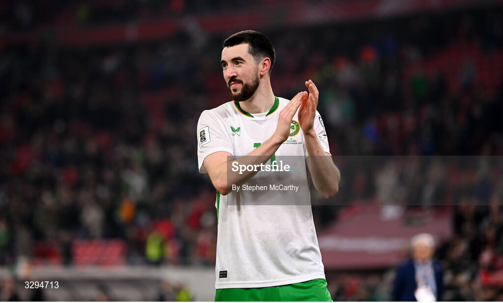 16 November 2025; Finn Azaz of Republic of Ireland acknowledges his side's supporters after the FIFA World Cup 2026 Group F Qualifier match between Hungary and Republic of Ireland at Puskás Aréna in Budapest, Hungary. Photo by Stephen McCarthy/Sportsfile