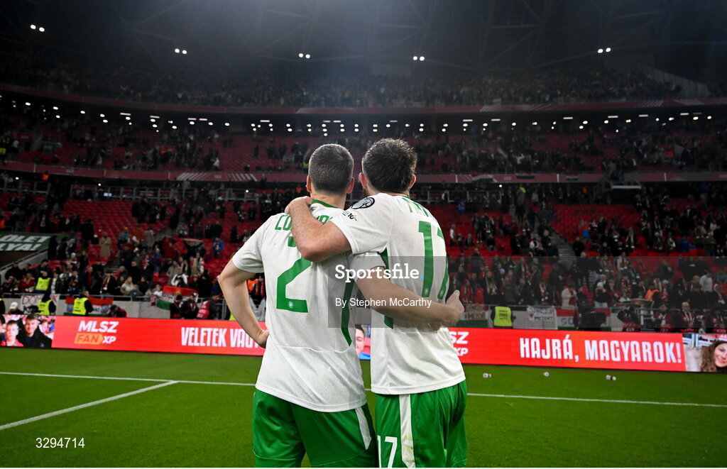 16 November 2025; Seamus Coleman, left, and Ryan Manning of Republic of Ireland after the FIFA World Cup 2026 Group F Qualifier match between Hungary and Republic of Ireland at Puskás Aréna in Budapest, Hungary. Photo by Stephen McCarthy/Sportsfile