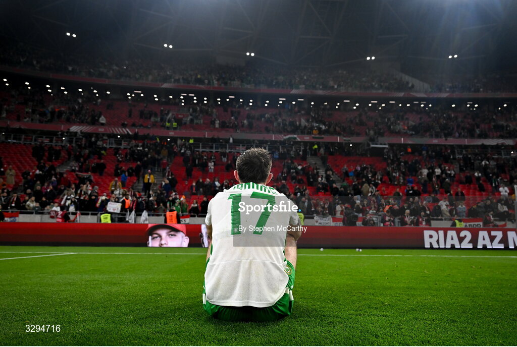 16 November 2025; Ryan Manning of Republic of Ireland after the FIFA World Cup 2026 Group F Qualifier match between Hungary and Republic of Ireland at Puskás Aréna in Budapest, Hungary. Photo by Stephen McCarthy/Sportsfile