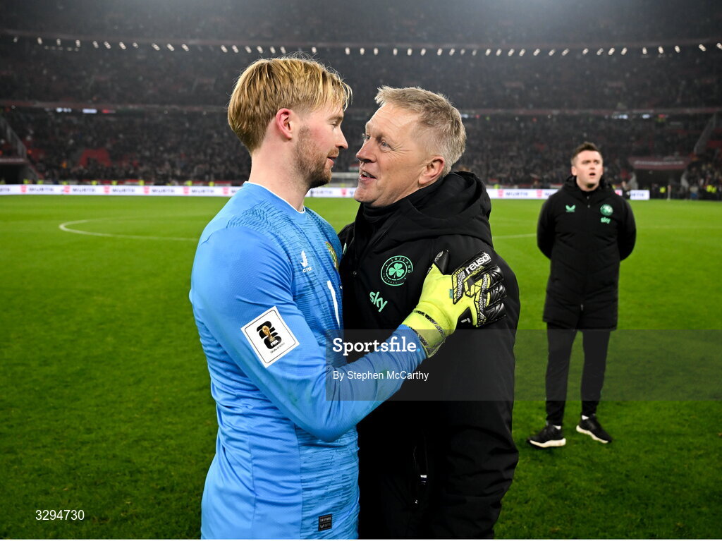 16 November 2025; Republic of Ireland goalkeeper Caoimhin Kelleher and head coach Heimir Hallgrimsson after the FIFA World Cup 2026 Group F Qualifier match between Hungary and Republic of Ireland at Puskás Aréna in Budapest, Hungary. Photo by Stephen McCarthy/Sportsfile