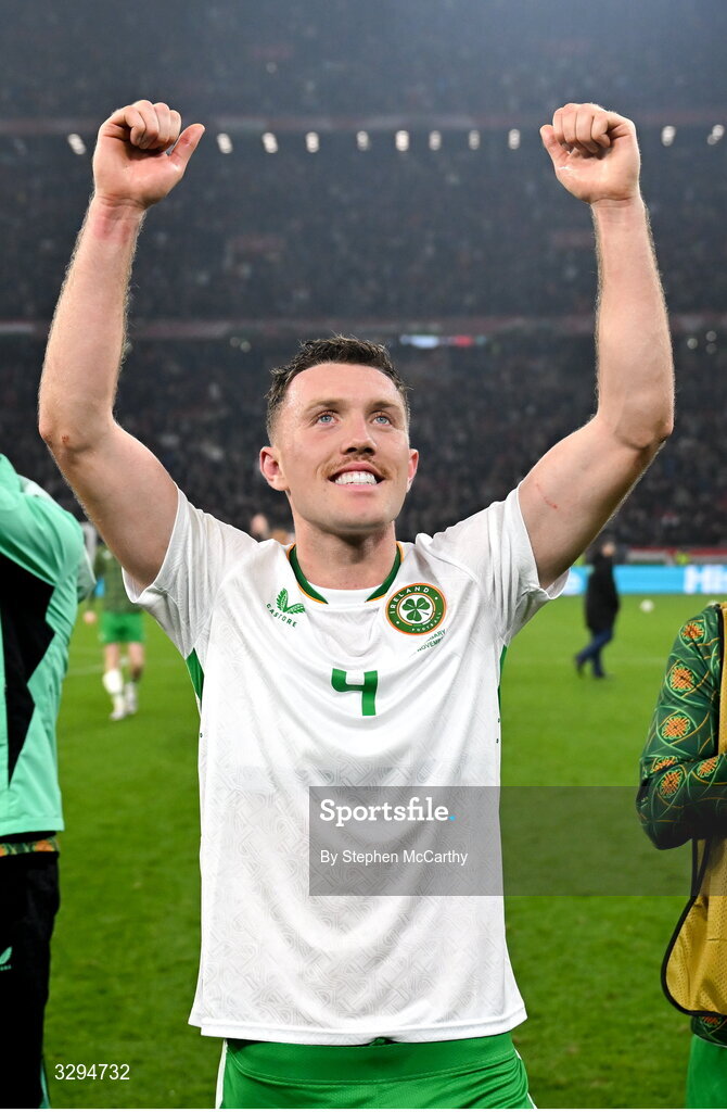 16 November 2025; Dara O'Shea of Republic of Ireland celebrates after the FIFA World Cup 2026 Group F Qualifier match between Hungary and Republic of Ireland at Puskás Aréna in Budapest, Hungary. Photo by Stephen McCarthy/Sportsfile