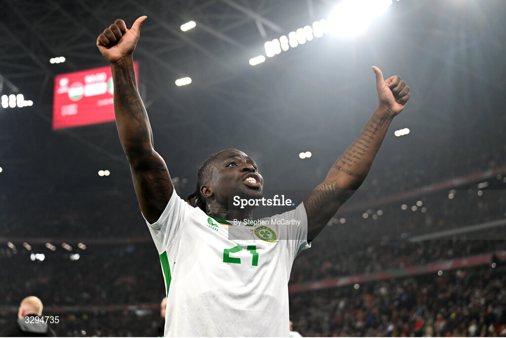 16 November 2025; Festy Ebosele of Republic of Ireland celebrates after the FIFA World Cup 2026 Group F Qualifier match between Hungary and Republic of Ireland at Puskás Aréna in Budapest, Hungary. Photo by Stephen McCarthy/Sportsfile