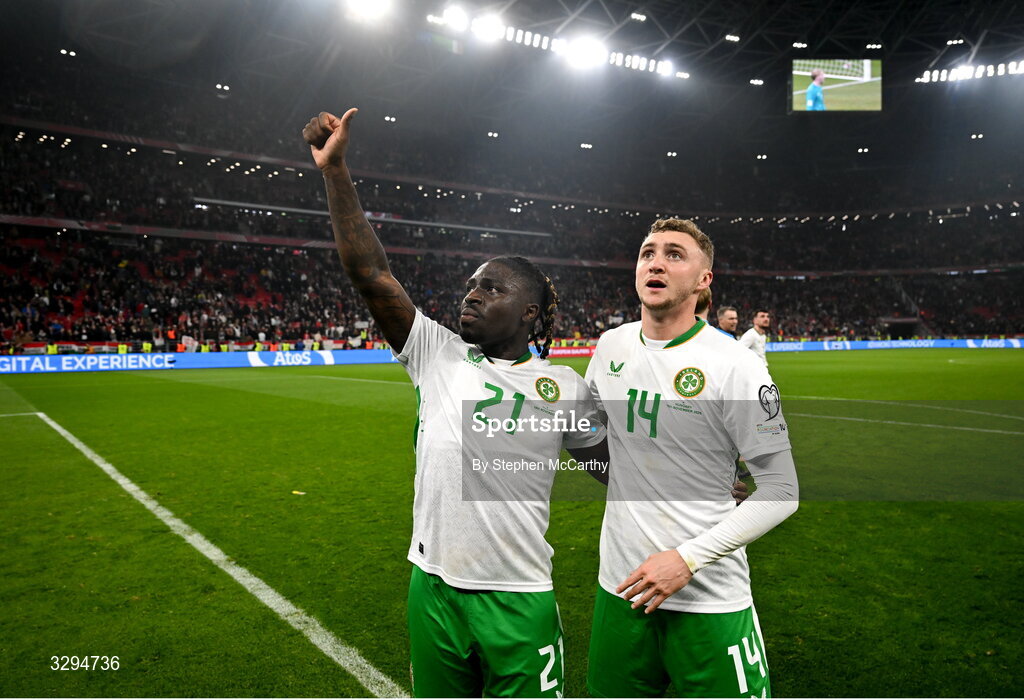 16 November 2025; Festy Ebosele, left, and Jack Taylor of Republic of Ireland celebrate after the FIFA World Cup 2026 Group F Qualifier match between Hungary and Republic of Ireland at Puskás Aréna in Budapest, Hungary. Photo by Stephen McCarthy/Sportsfile
