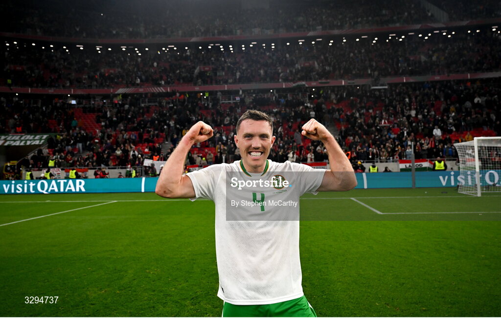 16 November 2025; Dara O'Shea of Republic of Ireland celebrates after the FIFA World Cup 2026 Group F Qualifier match between Hungary and Republic of Ireland at Puskás Aréna in Budapest, Hungary. Photo by Stephen McCarthy/Sportsfile