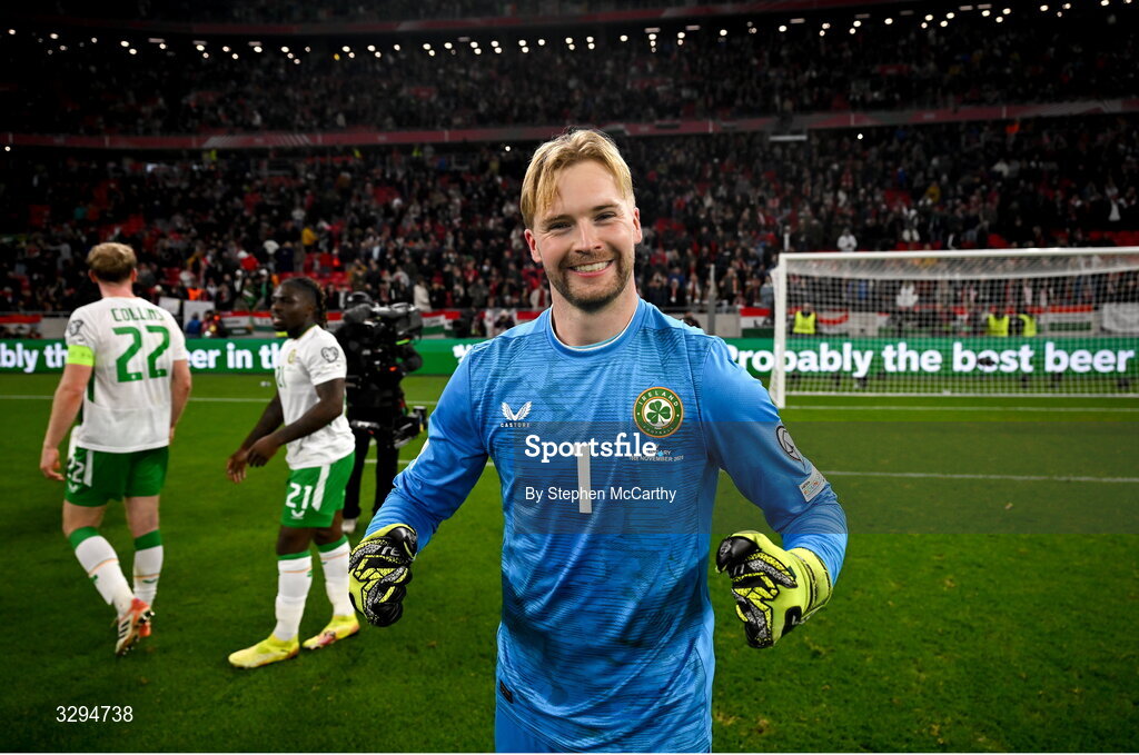16 November 2025; Republic of Ireland goalkeeper Caoimhin Kelleher celebrates after the FIFA World Cup 2026 Group F Qualifier match between Hungary and Republic of Ireland at Puskás Aréna in Budapest, Hungary. Photo by Stephen McCarthy/Sportsfile