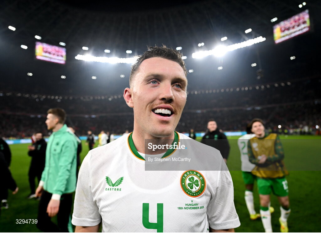 16 November 2025; Dara O'Shea of Republic of Ireland celebrates after the FIFA World Cup 2026 Group F Qualifier match between Hungary and Republic of Ireland at Puskás Aréna in Budapest, Hungary. Photo by Stephen McCarthy/Sportsfile
