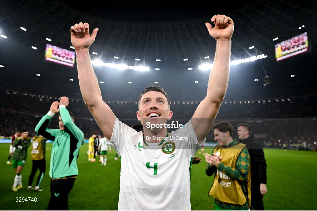 16 November 2025; Dara O'Shea of Republic of Ireland celebrates after the FIFA World Cup 2026 Group F Qualifier match between Hungary and Republic of Ireland at Puskás Aréna in Budapest, Hungary. Photo by Stephen McCarthy/Sportsfile