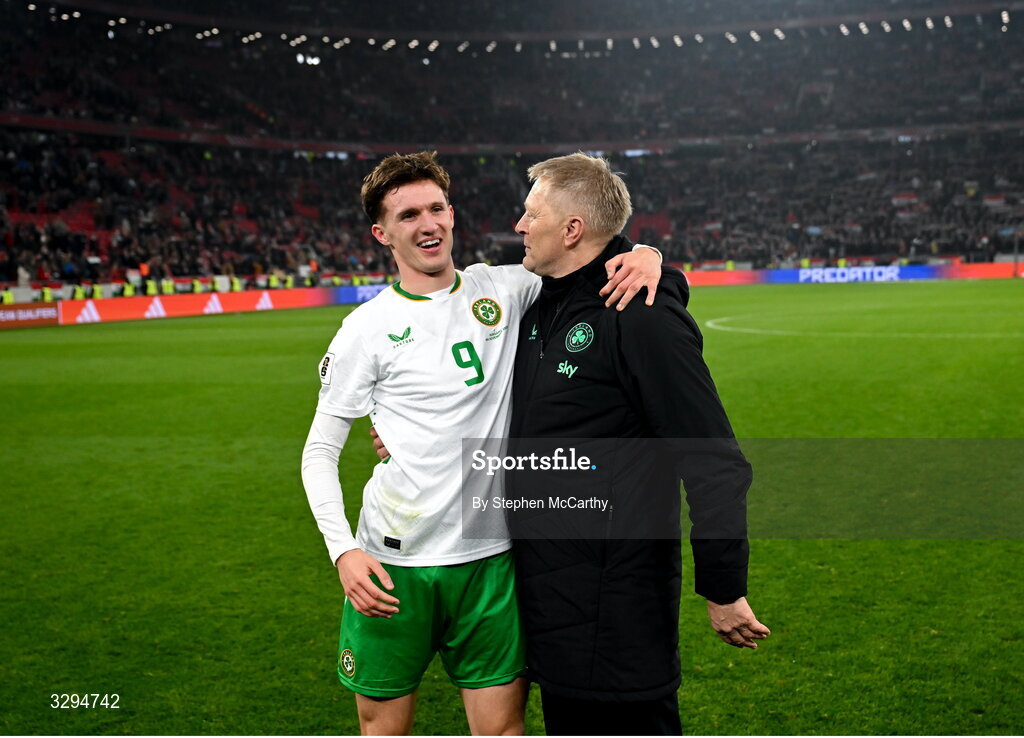 16 November 2025; Republic of Ireland head coach Heimir Hallgrimsson and Johnny Kenny celebrate after the FIFA World Cup 2026 Group F Qualifier match between Hungary and Republic of Ireland at Puskás Aréna in Budapest, Hungary. Photo by Stephen McCarthy/Sportsfile