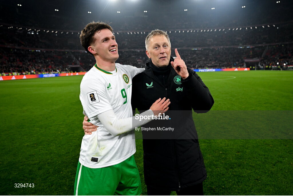 16 November 2025; Republic of Ireland head coach Heimir Hallgrimsson and Johnny Kenny celebrate after the FIFA World Cup 2026 Group F Qualifier match between Hungary and Republic of Ireland at Puskás Aréna in Budapest, Hungary. Photo by Stephen McCarthy/Sportsfile