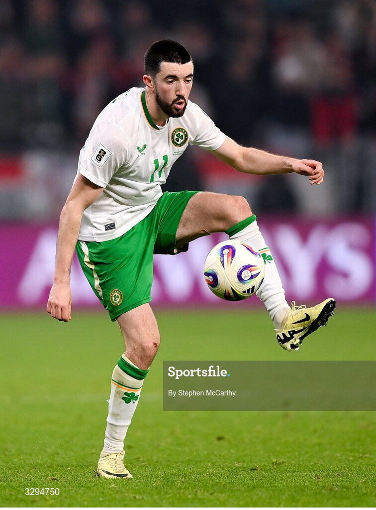 16 November 2025; Finn Azaz of Republic of Ireland during the FIFA World Cup 2026 Group F Qualifier match between Hungary and Republic of Ireland at Puskás Aréna in Budapest, Hungary. Photo by Stephen McCarthy/Sportsfile