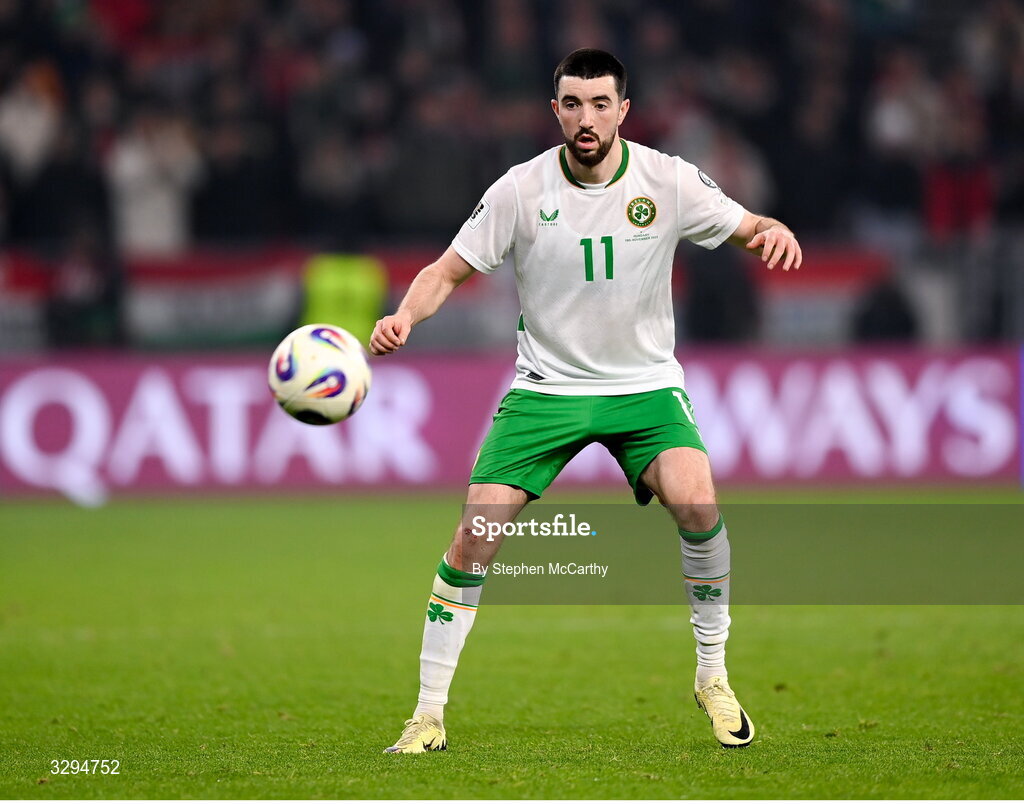 16 November 2025; Finn Azaz of Republic of Ireland during the FIFA World Cup 2026 Group F Qualifier match between Hungary and Republic of Ireland at Puskás Aréna in Budapest, Hungary. Photo by Stephen McCarthy/Sportsfile