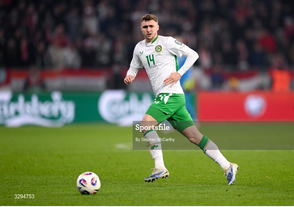 16 November 2025; Jack Taylor of Republic of Ireland during the FIFA World Cup 2026 Group F Qualifier match between Hungary and Republic of Ireland at Puskás Aréna in Budapest, Hungary. Photo by Stephen McCarthy/Sportsfile