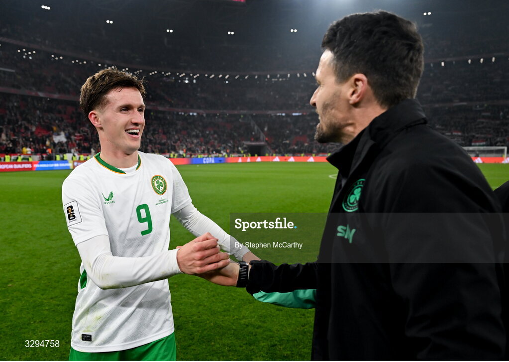 16 November 2025; Republic of Ireland's Johnny Kenny and assistant coach Paddy McCarthy after the FIFA World Cup 2026 Group F Qualifier match between Hungary and Republic of Ireland at Puskás Aréna in Budapest, Hungary. Photo by Stephen McCarthy/Sportsfile