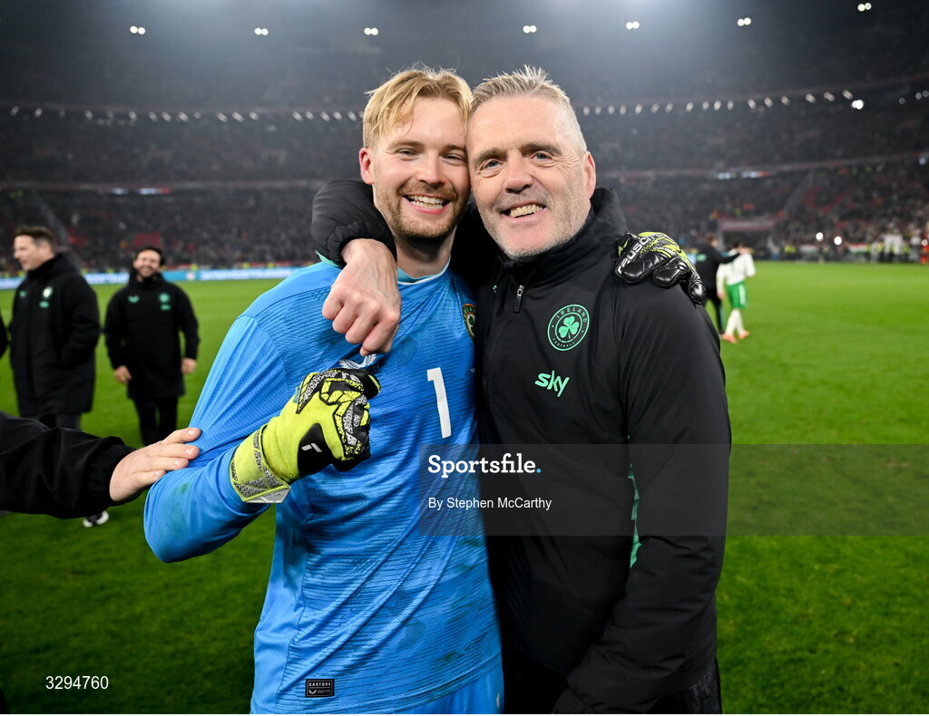 16 November 2025; Republic of Ireland goalkeeping coach Gudmundur Hreidarsson and goalkeeper Caoimhin Kelleher after the FIFA World Cup 2026 Group F Qualifier match between Hungary and Republic of Ireland at Puskás Aréna in Budapest, Hungary. Photo by Stephen McCarthy/Sportsfile