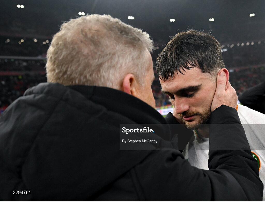 16 November 2025; Republic of Ireland's Troy Parrott is congratulated by chef David Steele after the FIFA World Cup 2026 Group F Qualifier match between Hungary and Republic of Ireland at Puskás Aréna in Budapest, Hungary. Photo by Stephen McCarthy/Sportsfile