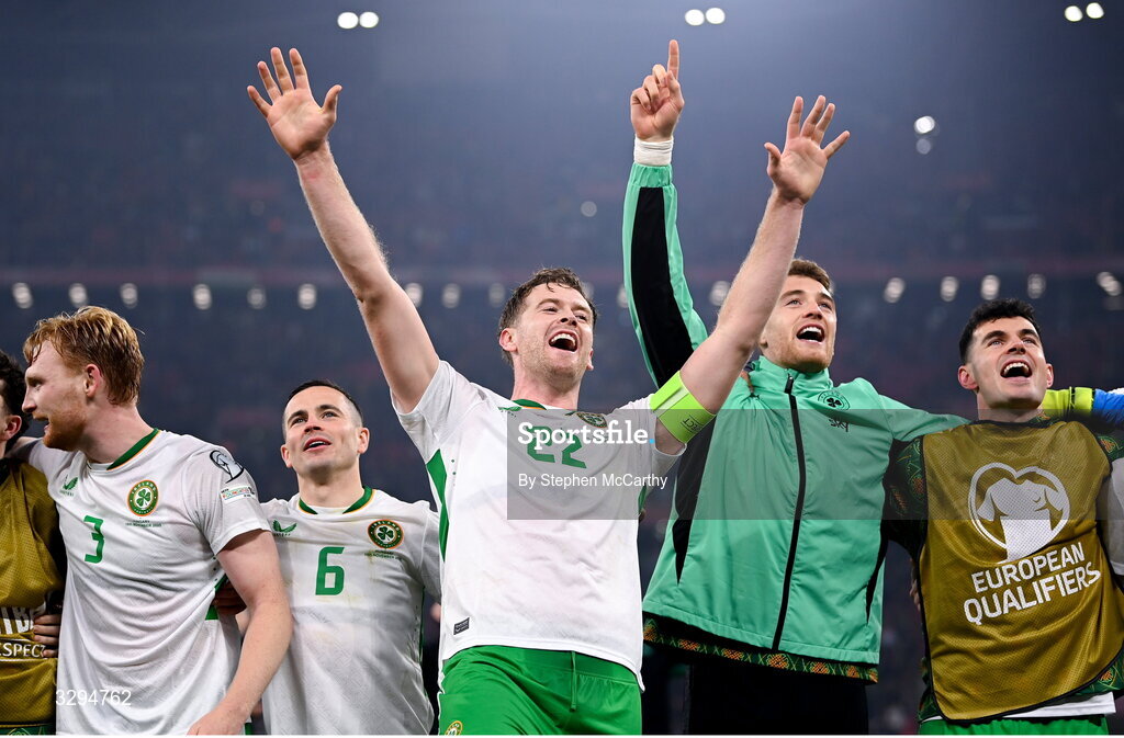 16 November 2025; Republic of Ireland players, from left, Liam Scales, Josh Cullen, Nathan Collins, goalkeeper Mark Travers and John Egan celebrate after the FIFA World Cup 2026 Group F Qualifier match between Hungary and Republic of Ireland at Puskás Aréna in Budapest, Hungary. Photo by Stephen McCarthy/Sportsfile
