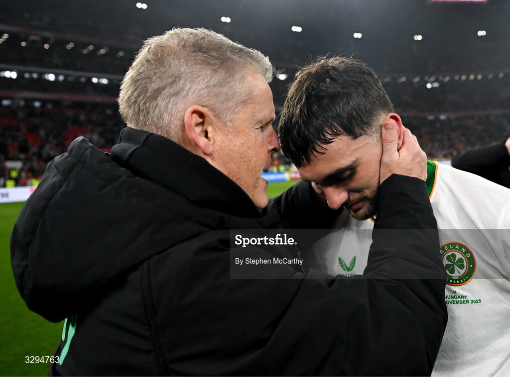 16 November 2025; Republic of Ireland's Troy Parrott is congratulated by chef David Steele after the FIFA World Cup 2026 Group F Qualifier match between Hungary and Republic of Ireland at Puskás Aréna in Budapest, Hungary. Photo by Stephen McCarthy/Sportsfile