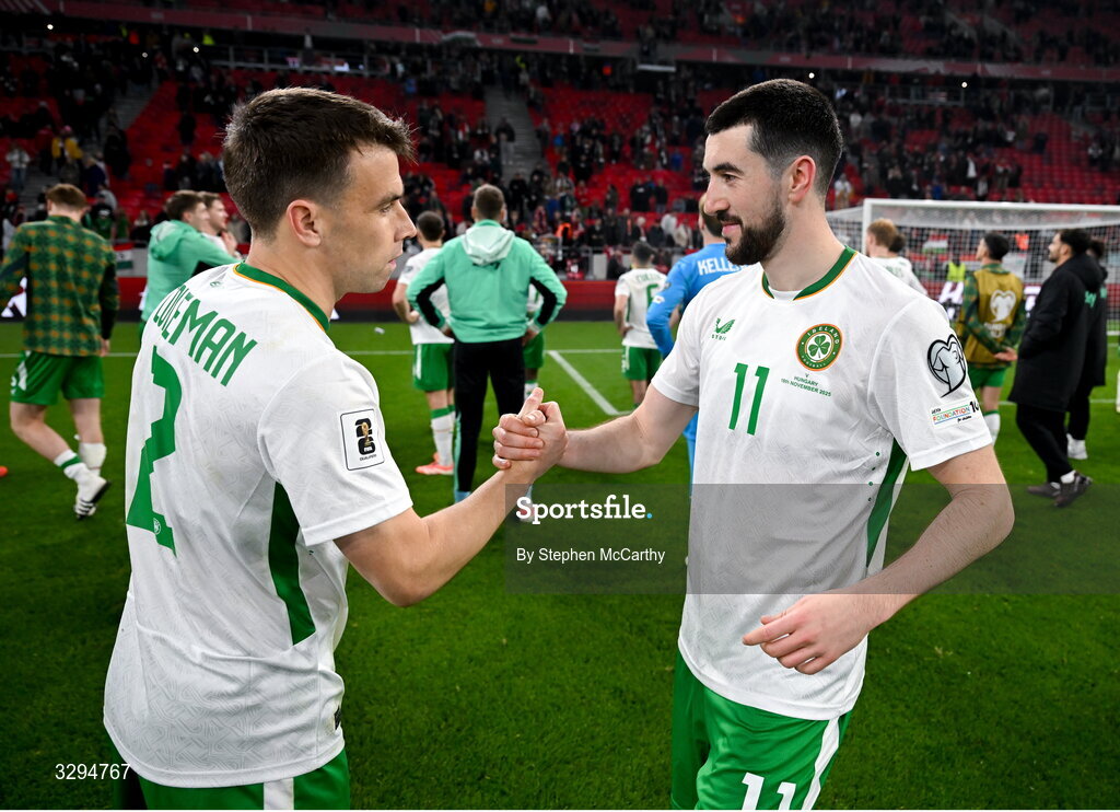 16 November 2025; Finn Azaz, right, and Seamus Coleman of Republic of Ireland after the FIFA World Cup 2026 Group F Qualifier match between Hungary and Republic of Ireland at Puskás Aréna in Budapest, Hungary. Photo by Stephen McCarthy/Sportsfile