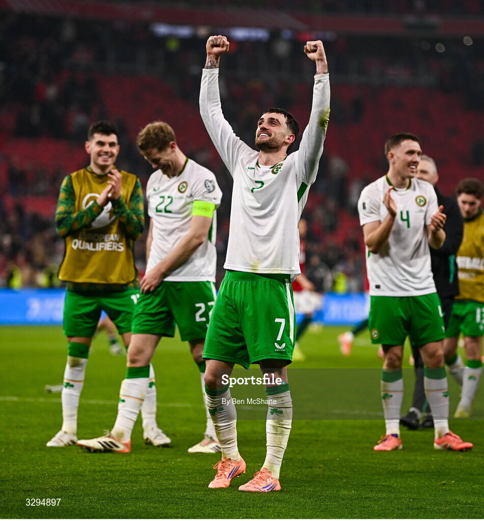 16 November 2025; Republic of Ireland players, including Troy Parrott, centre, celebrate after the FIFA World Cup 2026 Group F Qualifier match between Hungary and Republic of Ireland at Puskás Aréna in Budapest, Hungary. Photo by Ben McShane/Sportsfile