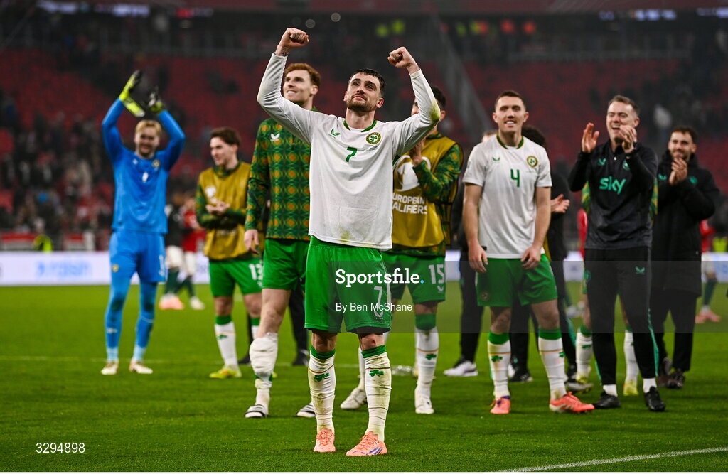 16 November 2025; Republic of Ireland players, including Troy Parrott, centre, celebrate after the FIFA World Cup 2026 Group F Qualifier match between Hungary and Republic of Ireland at Puskás Aréna in Budapest, Hungary. Photo by Ben McShane/Sportsfile