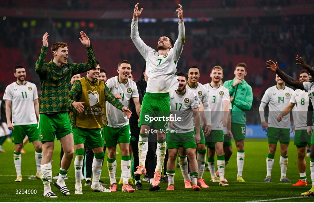 16 November 2025; Republic of Ireland players, including Troy Parrott, centre, celebrate after the FIFA World Cup 2026 Group F Qualifier match between Hungary and Republic of Ireland at Puskás Aréna in Budapest, Hungary. Photo by Ben McShane/Sportsfile