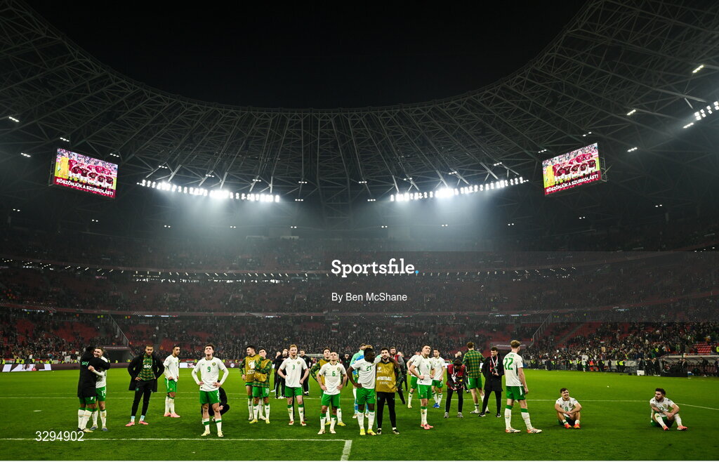 16 November 2025; Republic of Ireland players celebrate after their victory in the FIFA World Cup 2026 Group F Qualifier match between Hungary and Republic of Ireland at Puskás Aréna in Budapest, Hungary. Photo by Ben McShane/Sportsfile