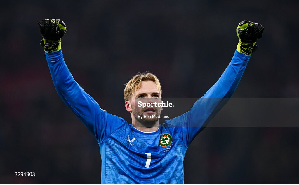 16 November 2025; Republic of Ireland goalkeeper Caoimhin Kelleher celebrates after the FIFA World Cup 2026 Group F Qualifier match between Hungary and Republic of Ireland at Puskás Aréna in Budapest, Hungary. Photo by Ben McShane/Sportsfile