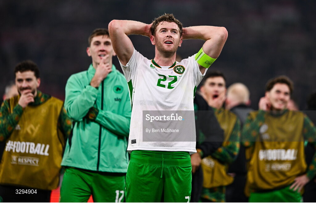 16 November 2025; Nathan Collins of Republic of Ireland reacts after his side's victory in the FIFA World Cup 2026 Group F Qualifier match between Hungary and Republic of Ireland at Puskás Aréna in Budapest, Hungary. Photo by Ben McShane/Sportsfile