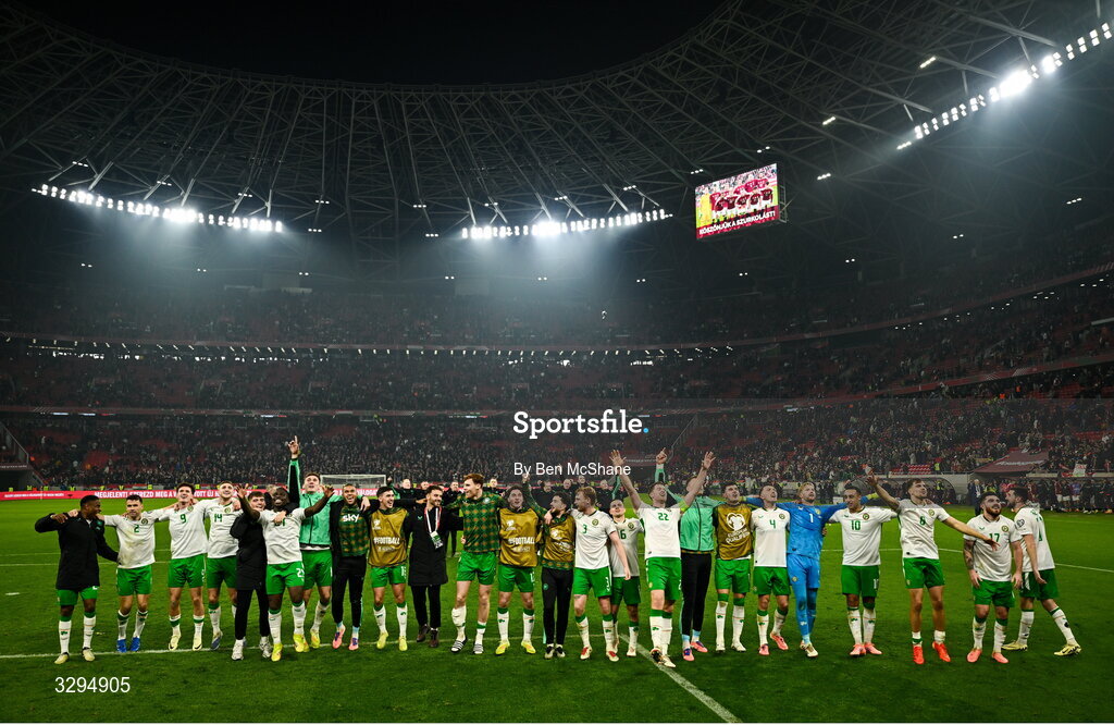 16 November 2025; Republic of Ireland players celebrate after their victory in the FIFA World Cup 2026 Group F Qualifier match between Hungary and Republic of Ireland at Puskás Aréna in Budapest, Hungary. Photo by Ben McShane/Sportsfile