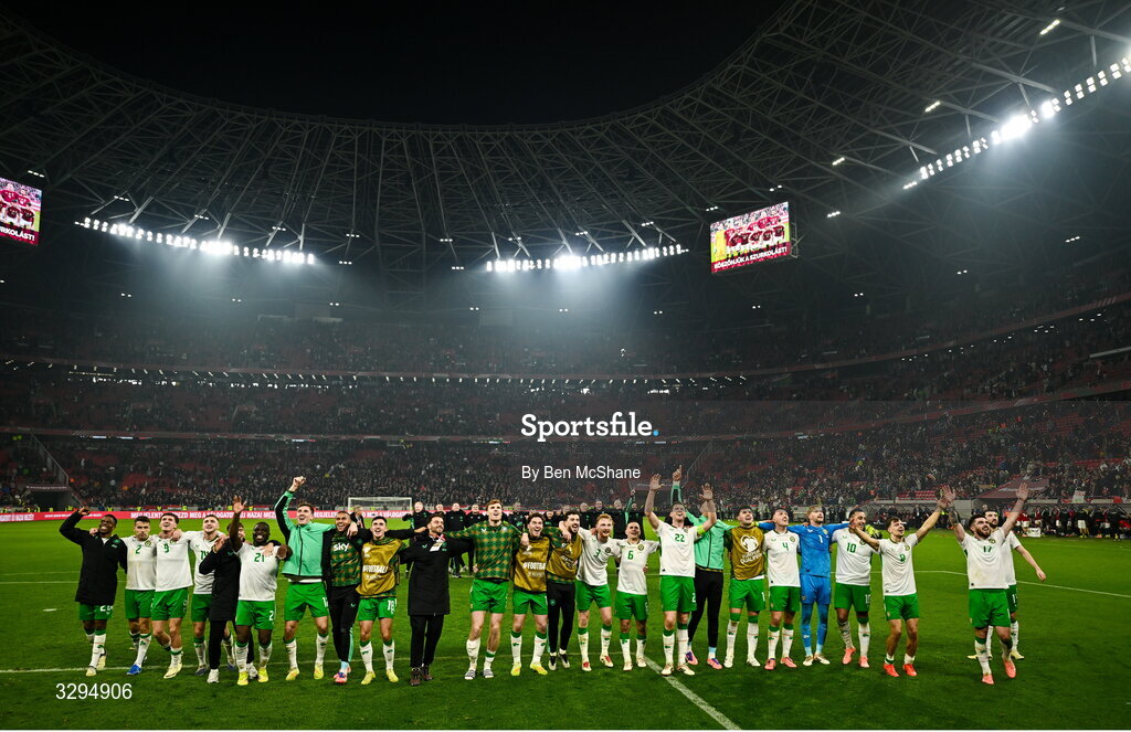 16 November 2025; Republic of Ireland players celebrate after their victory in the FIFA World Cup 2026 Group F Qualifier match between Hungary and Republic of Ireland at Puskás Aréna in Budapest, Hungary. Photo by Ben McShane/Sportsfile