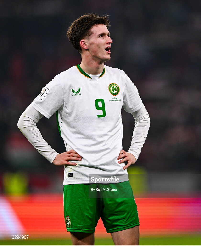 16 November 2025; Johnny Kenny of Republic of Ireland reacts after his side's victory in the FIFA World Cup 2026 Group F Qualifier match between Hungary and Republic of Ireland at Puskás Aréna in Budapest, Hungary. Photo by Ben McShane/Sportsfile