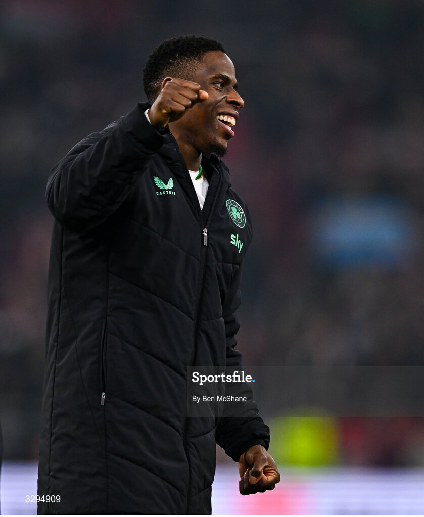 16 November 2025; Chiedozie Ogbene of Republic of Ireland celebrates after the FIFA World Cup 2026 Group F Qualifier match between Hungary and Republic of Ireland at Puskás Aréna in Budapest, Hungary. Photo by Ben McShane/Sportsfile