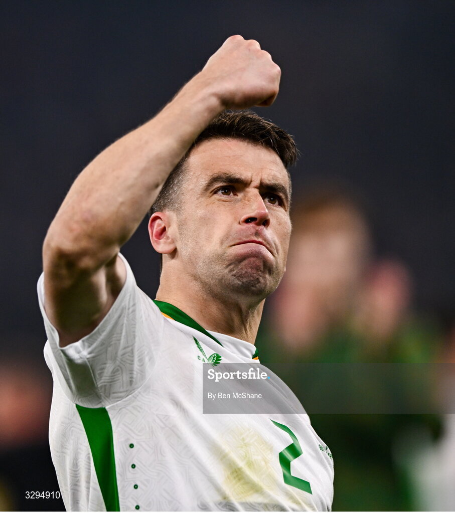 16 November 2025; Seamus Coleman of Republic of Ireland celebrates after his side's victory in the FIFA World Cup 2026 Group F Qualifier match between Hungary and Republic of Ireland at Puskás Aréna in Budapest, Hungary. Photo by Ben McShane/Sportsfile