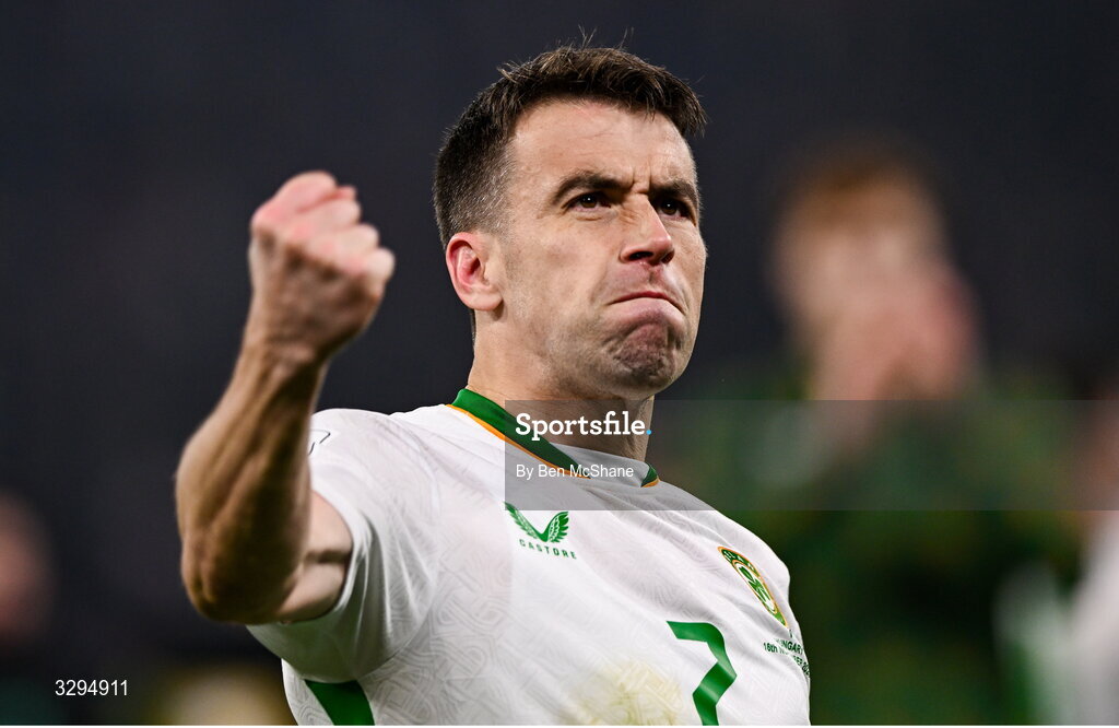16 November 2025; Seamus Coleman of Republic of Ireland celebrates after his side's victory in the FIFA World Cup 2026 Group F Qualifier match between Hungary and Republic of Ireland at Puskás Aréna in Budapest, Hungary. Photo by Ben McShane/Sportsfile