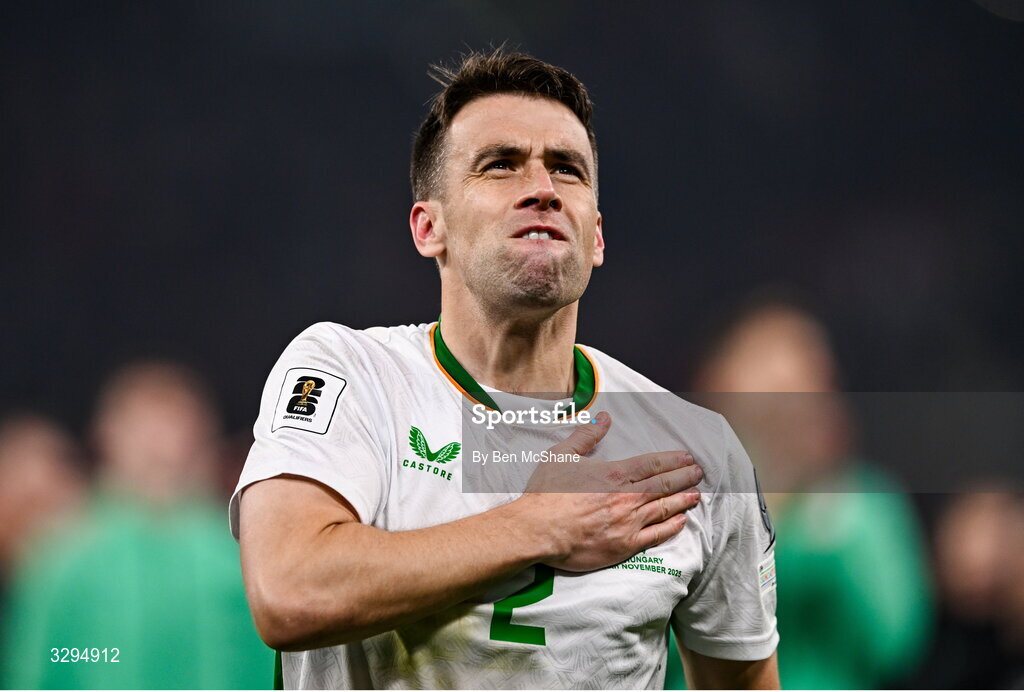16 November 2025; Seamus Coleman of Republic of Ireland celebrates after his side's victory in the FIFA World Cup 2026 Group F Qualifier match between Hungary and Republic of Ireland at Puskás Aréna in Budapest, Hungary. Photo by Ben McShane/Sportsfile
