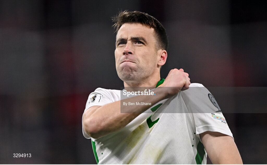 16 November 2025; Seamus Coleman of Republic of Ireland celebrates after his side's victory in the FIFA World Cup 2026 Group F Qualifier match between Hungary and Republic of Ireland at Puskás Aréna in Budapest, Hungary. Photo by Ben McShane/Sportsfile