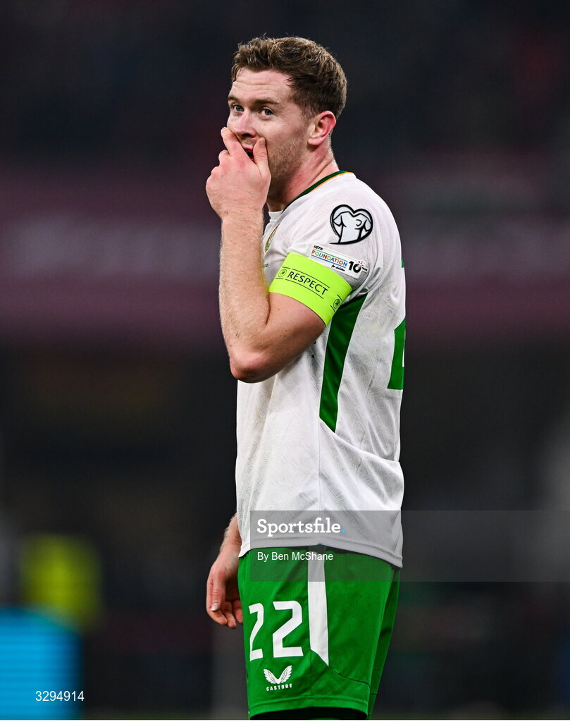 16 November 2025; Nathan Collins of Republic of Ireland reacts after his side's victory in the FIFA World Cup 2026 Group F Qualifier match between Hungary and Republic of Ireland at Puskás Aréna in Budapest, Hungary. Photo by Ben McShane/Sportsfile