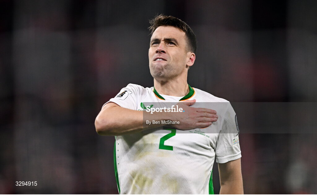 16 November 2025; Seamus Coleman of Republic of Ireland celebrates after his side's victory in the FIFA World Cup 2026 Group F Qualifier match between Hungary and Republic of Ireland at Puskás Aréna in Budapest, Hungary. Photo by Ben McShane/Sportsfile