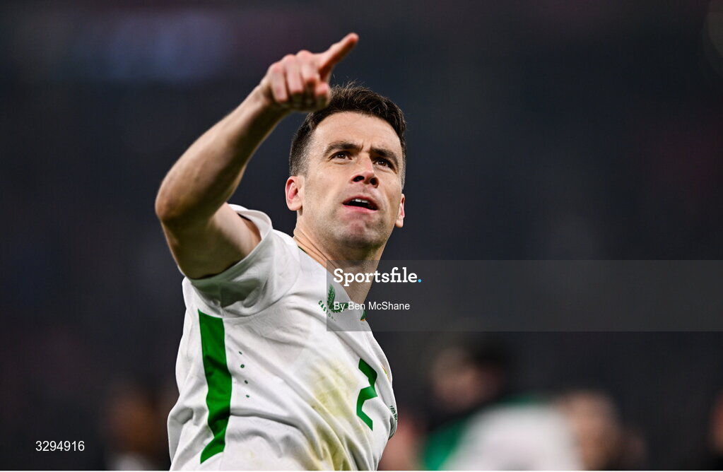 16 November 2025; Seamus Coleman of Republic of Ireland celebrates after his side's victory in the FIFA World Cup 2026 Group F Qualifier match between Hungary and Republic of Ireland at Puskás Aréna in Budapest, Hungary. Photo by Ben McShane/Sportsfile