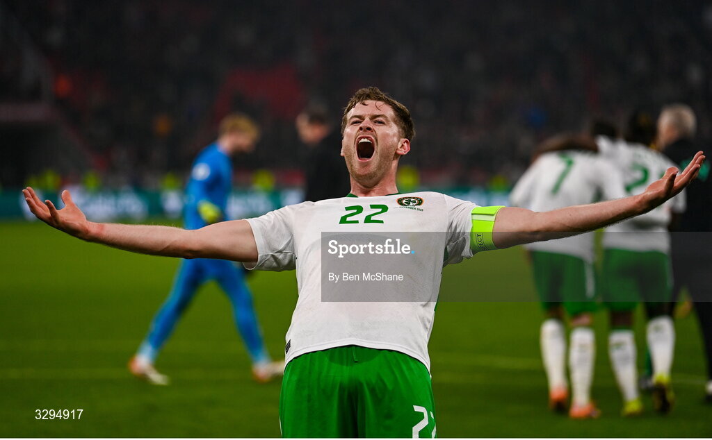 16 November 2025; Nathan Collins of Republic of Ireland celebrates after the FIFA World Cup 2026 Group F Qualifier match between Hungary and Republic of Ireland at Puskás Aréna in Budapest, Hungary. Photo by Ben McShane/Sportsfile