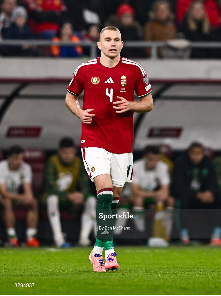 16 November 2025; Attila Szalai of Hungary during the FIFA World Cup 2026 Group F Qualifier match between Hungary and Republic of Ireland at Puskás Aréna in Budapest, Hungary. Photo by Ben McShane/Sportsfile