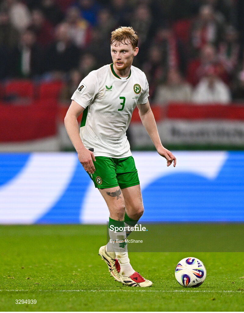 16 November 2025; Liam Scales of Republic of Ireland during the FIFA World Cup 2026 Group F Qualifier match between Hungary and Republic of Ireland at Puskás Aréna in Budapest, Hungary. Photo by Ben McShane/Sportsfile