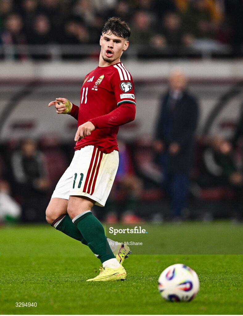 16 November 2025; Milos Kerkez of Hungary during the FIFA World Cup 2026 Group F Qualifier match between Hungary and Republic of Ireland at Puskás Aréna in Budapest, Hungary. Photo by Ben McShane/Sportsfile